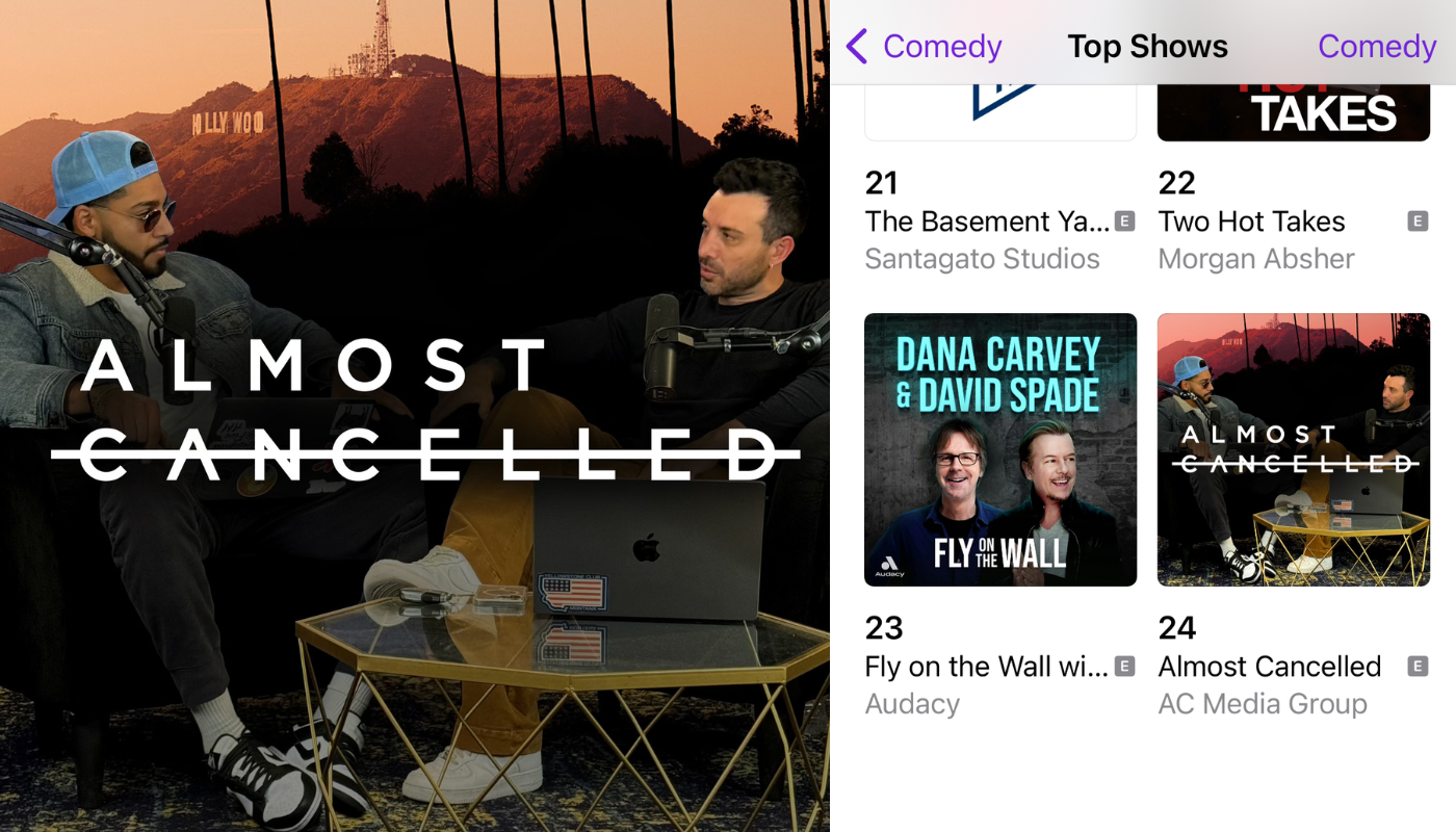 Almost Cancelled ranked #2 in Comedy Interviews, #28 in Comedy, and #166 in All Podcasts on Apple Podcasts